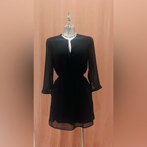 Black Long-Sleeve Tie-Waist Sheer Sleeve Dress